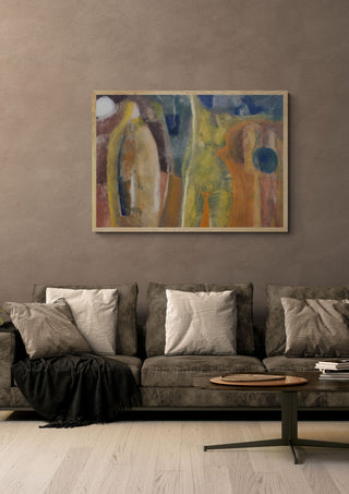 Moonlight dancer by António D'Albuquerque in a light oak frame above a grey sofa on a warm brown wall