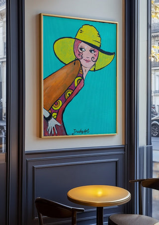 Frau mit Hut by Trude in an oak frame on a panelled cafe wall