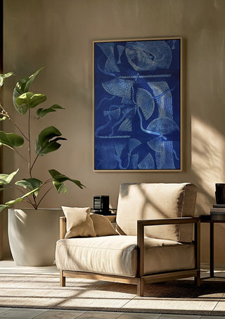Curved lines / blue field by Linor Citaku framed above a beige armchair beside a potted plant