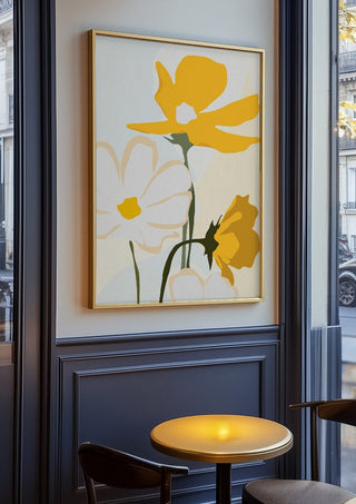 Yellow Flowers by ThingDesign in an oak frame on a panelled cafe wall