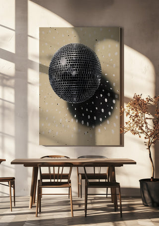Disco Star by Carl Smith ART hanging above a wooden dining table in warm sunlight