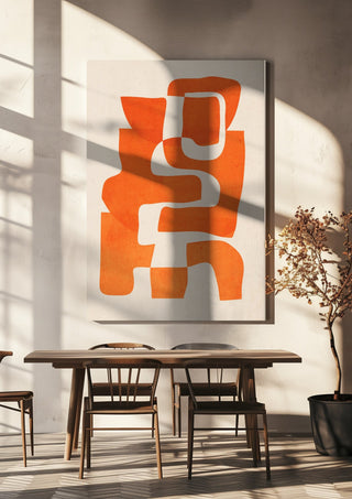 Abstract Art 55 - 7 by ThingDesign hanging above a wooden dining table in warm sunlight