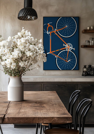 Swedish Racing Bike by Bo Lundberg in a black frame above a rustic table with white flowers