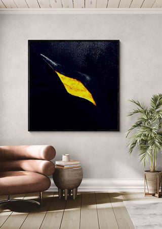 The golden crack by Marcel Herrmann in a black frame above a leather armchair beside a palm