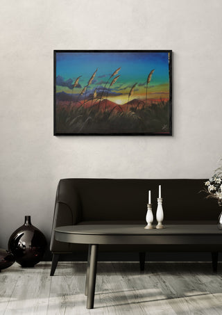 Breath of the evening by Lüba in a black frame above a dark sofa with candlesticks on a round table