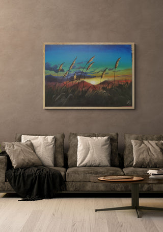Breath of the evening by Lüba in a light oak frame above a grey sofa on a warm brown wall