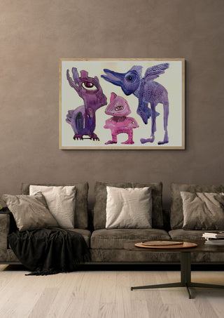Strange little creatures by Lena Galé in a light oak frame above a grey sofa on a warm brown wall