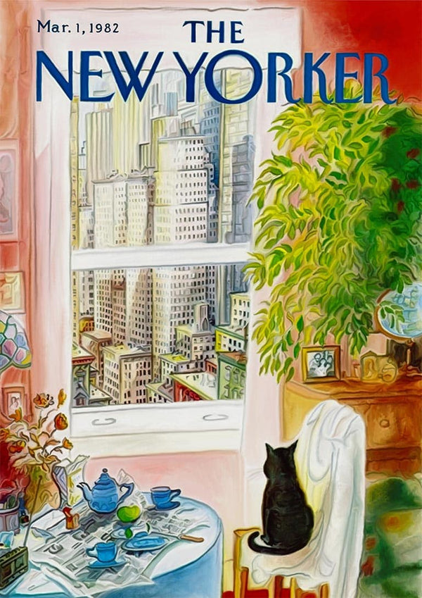 Illustration of a black cat on a chair by a window overlooking city buildings, with plants and tea set nearby.