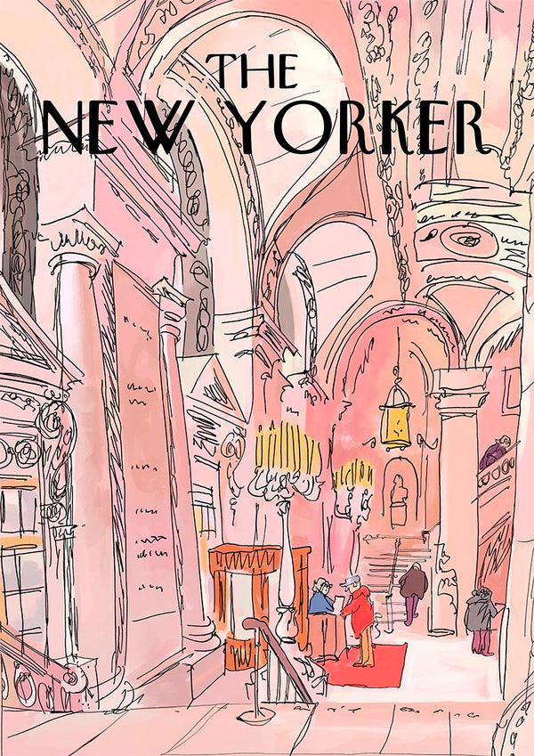 Illustration of an ornate pink room with arches and columns, featured on a Pink Room Plakat product page.