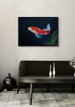 My koi by Juergen Duerrmann in a black frame above a dark sofa with candlesticks on a round table