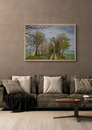 Autumn in Mecklenburg by Juergen Duerrmann in a light oak frame above a grey sofa on a warm brown wall