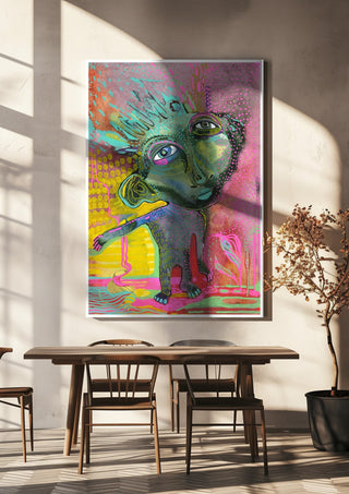 Strange Wanderer by Lena Galé hanging above a wooden dining table in warm sunlight