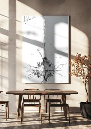 Ship and Gulls by Justyna Kopania hanging above a wooden dining table in warm sunlight