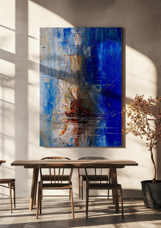 Ship in Blue by Justyna Kopania hanging above a wooden dining table in warm sunlight