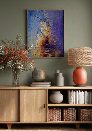 Ships in Violet and Gold by Justyna Kopania above a wooden sideboard on a sage green wall