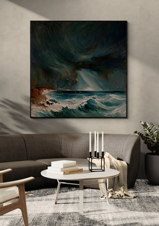 Storm over the Breakers by Justyna Kopania in a black frame above a dark sofa with candlesticks on a round table