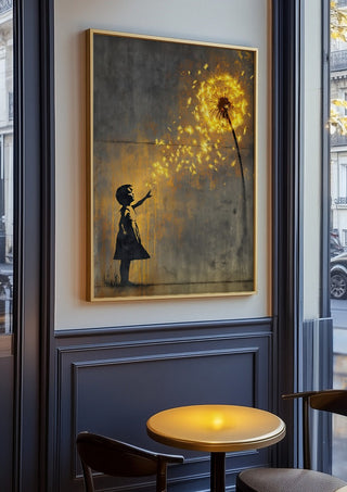 Golden Dandeloin x Banksy by Decker Studios in an oak frame on a panelled cafe wall