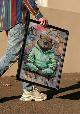 Capybara x Grafitti by Decker Studios carried in a black frame along a sunny street