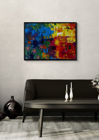 Fragments of Summer by Tako in a black frame above a dark sofa with candlesticks on a round table