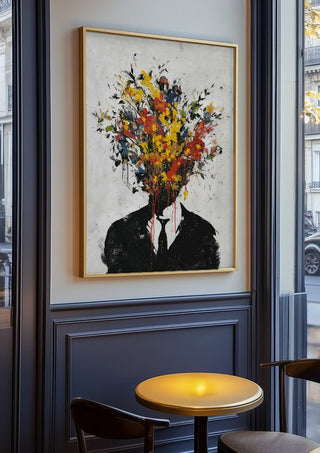 Headbloom x Banksy by Decker Studios in an oak frame on a panelled cafe wall