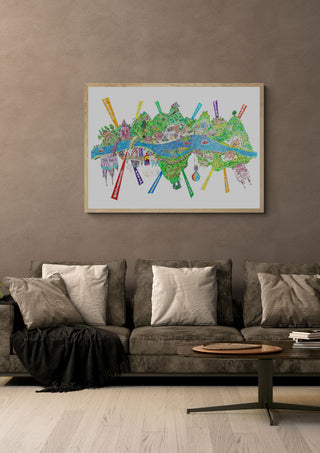 Heimat by ullimcart in a light oak frame above a grey sofa on a warm brown wall