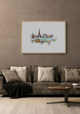 Paris by ullimcart in a light oak frame above a grey sofa on a warm brown wall