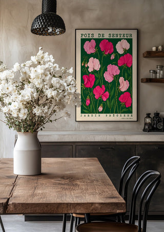 POIS DE SENTEUR by Annika Persson in a black frame above a rustic table with white flowers