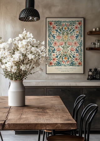 FLEUR PRÉCIEUES by Annika Persson in a black frame above a rustic table with white flowers