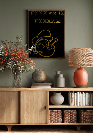 FXXX MX IX FXXXXV by Ali Kasap above a wooden sideboard on a sage green wall
