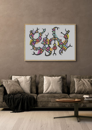Pastel Glyphs by John Larkin in a light oak frame above a grey sofa on a warm brown wall