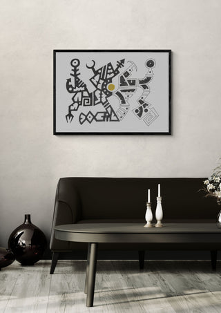Open Line Glyphs by John Larkin in a black frame above a dark sofa with candlesticks on a round table