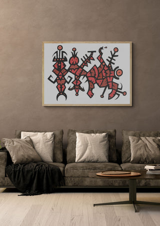 Red Totems by John Larkin in a light oak frame above a grey sofa on a warm brown wall
