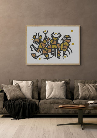 Ochre Glyphs by John Larkin in a light oak frame above a grey sofa on a warm brown wall