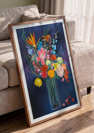 flowerpower! by creatievananne in a walnut frame leaning against a grey sofa