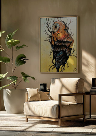 Between worlds by Lüba framed above a beige armchair beside a potted plant
