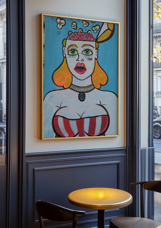 Popcornbrain by KaroGaiaArt in an oak frame on a panelled cafe wall