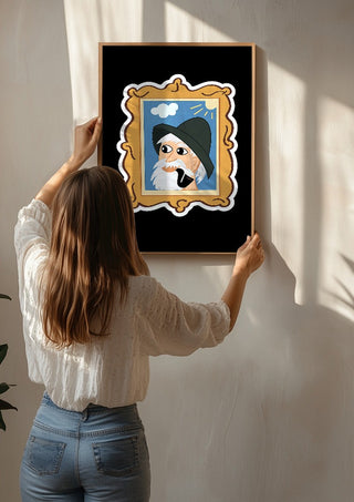Old Fisherman by KaroGaiaArt being hung on a sunlit wall