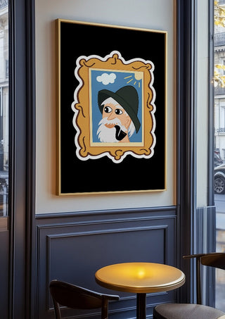 Old Fisherman by KaroGaiaArt in an oak frame on a panelled cafe wall