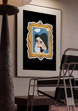 Old Fisherman by KaroGaiaArt framed in a dim room beside a tubular steel chair