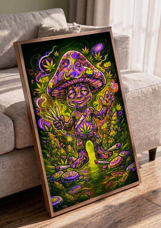 420 Mushroom by BunteBeute in a walnut frame leaning against a grey sofa