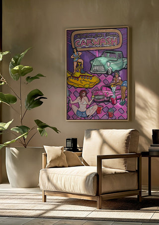 Carwash by KaroGaiaArt framed above a beige armchair beside a potted plant