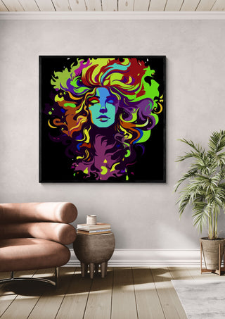 The Flowing Mane by BunteBeute in a black frame above a leather armchair beside a palm