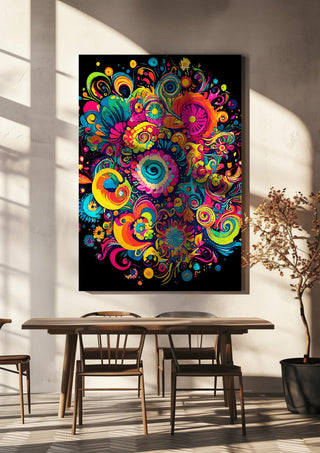 Psychedelic Bloom by BunteBeute hanging above a wooden dining table in warm sunlight