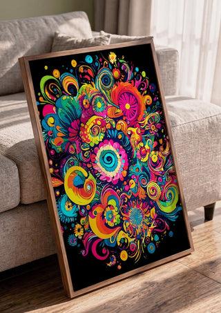 Psychedelic Bloom by BunteBeute in a walnut frame leaning against a grey sofa