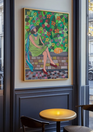 The Garden Wall by Camilla Nilsson in an oak frame on a panelled cafe wall