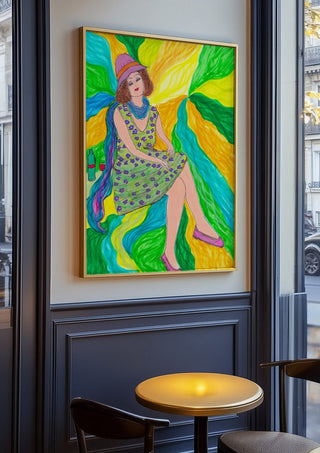 The Lilac Hat by Camilla Nilsson in an oak frame on a panelled cafe wall