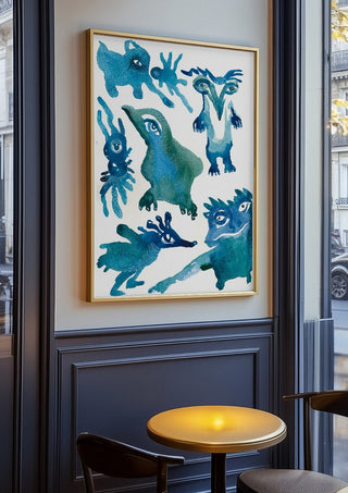 Creatures by Lena Galé in an oak frame on a panelled cafe wall