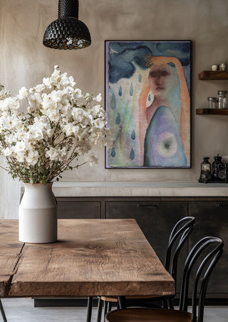 Under the Rain Cloud by Shimmering Ugly in a black frame above a rustic table with white flowers