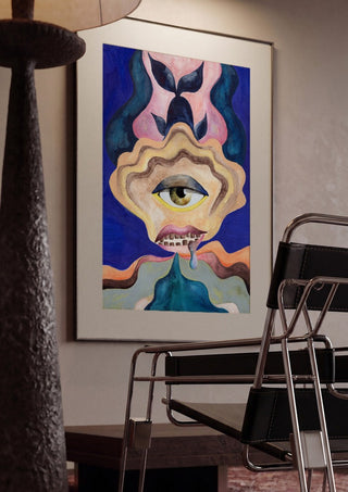 The Weeping Eye by Shimmering Ugly framed in a dim room beside a tubular steel chair