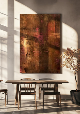Copper and Rose by Kristof ellertz hanging above a wooden dining table in warm sunlight